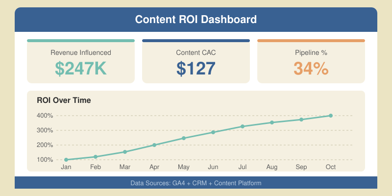 Content ROI dashboard layout showing revenue metrics, pipeline contribution, CAC comparison, and content performance table