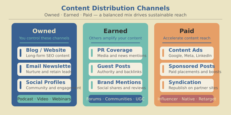 Content distribution channels diagram showing owned, earned, and paid channels in a hub-and-spoke model