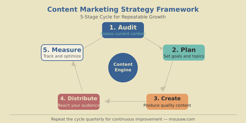 Content marketing strategy framework showing five stages: Audit, Plan, Create, Distribute, Measure in a cyclical loop