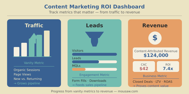 Content marketing ROI measurement dashboard showing the progression from vanity metrics to revenue attribution