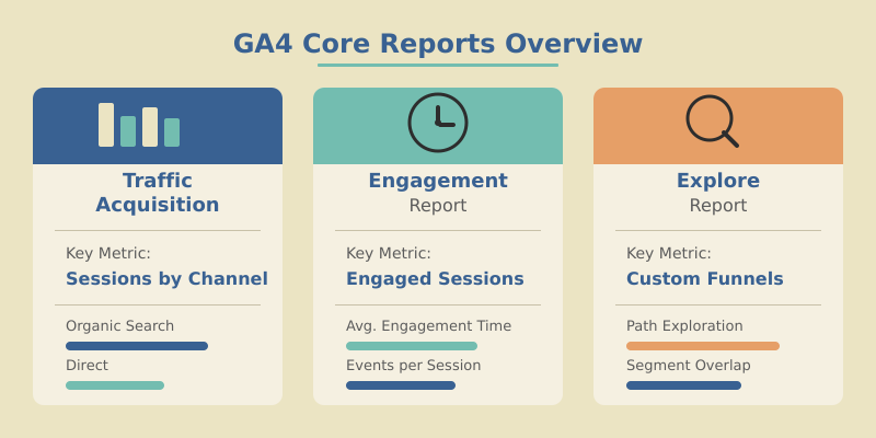 GA4 reports interface overview showing the Reports snapshot, Traffic acquisition, and Explore section navigation for marketers