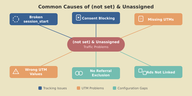Diagram showing five common causes of not set traffic in GA4 properties