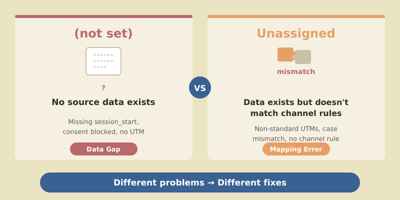 Comparison chart showing the difference between not set and Unassigned traffic in GA4