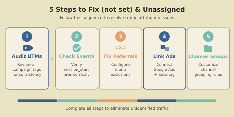 Step-by-step flowchart for fixing not set traffic in GA4