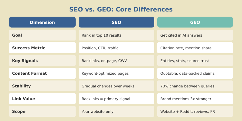 Side-by-side comparison of SEO and GEO showing key differences in approach, metrics, and outcomes