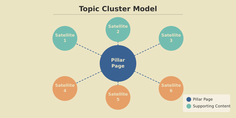 Content cluster diagram showing a pillar page at the center linking outward to satellite articles on related subtopics, creating a topical authority structure