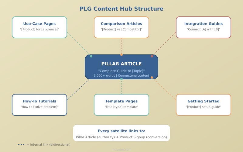 Diagram showing a PLG content hub structure with a central pillar article connected to satellite use-case pages, comparison articles, and tutorial content