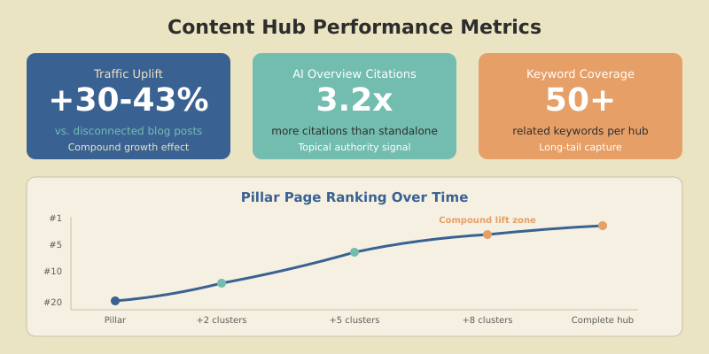 Content hub performance tracking showing pillar ranking trend, total hub traffic growth, and keyword coverage expansion