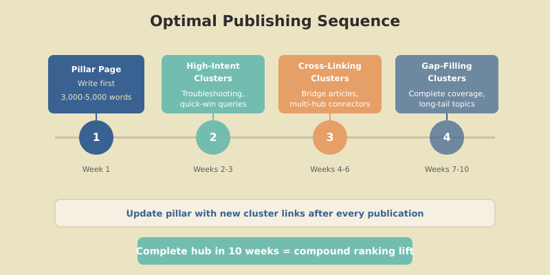 Content hub publishing sequence showing optimal order from high-intent troubleshooting to cross-linking to foundational guides
