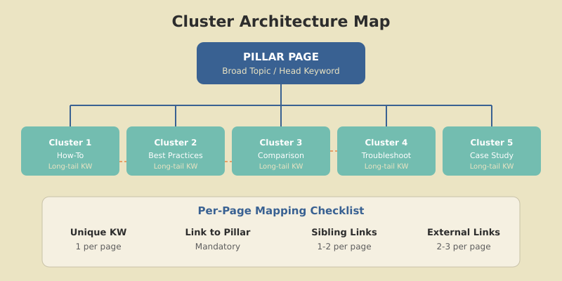 Content cluster architecture map showing pillar page connected to cluster pages with target keywords and cross-linking relationships