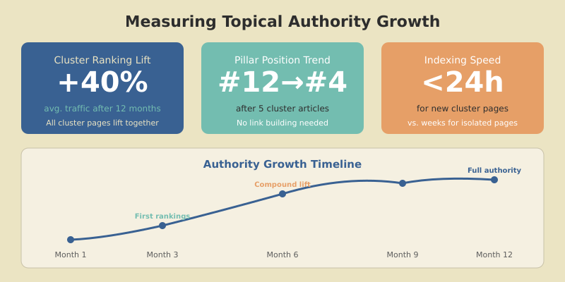 Dashboard showing topical authority growth metrics including cluster ranking lift, pillar position trend, and indexing speed over time