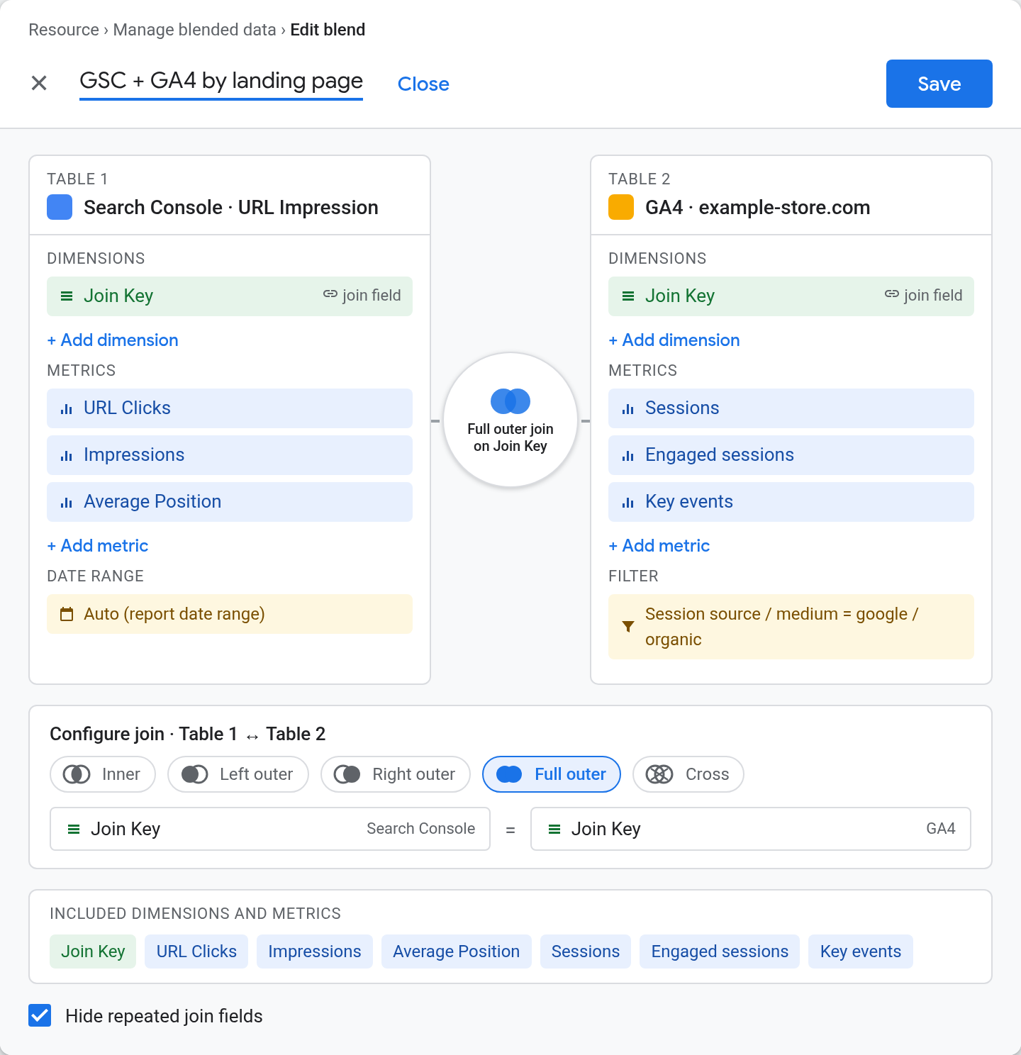 Looker Studio blend editor joining Search Console and GA4 on a cleaned landing page key